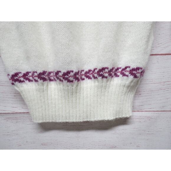 Vintage Mademoiselle Size Small (?) Cream Sweater w/ Purple Leaf Pattern - Picture 3 of 8
